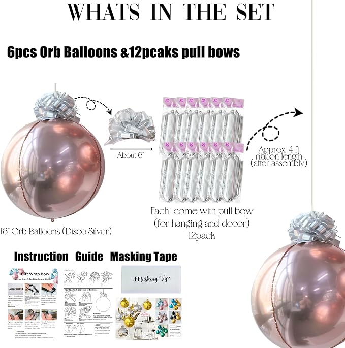 6 Pack Rose Gold 4D Orb Balloons - 22 Inch Large Metallic Sphere Mylar Balloons with Pull Bows, Hanging Ceiling Decorations for Bridal Shower, Bachelorette Party, Wedding & Engagement Decor