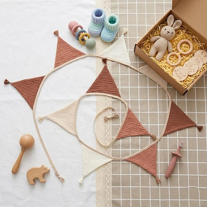 Fabric Bunting Banner, 2 Pack Handmade Neutral String Banner with Tassel Each 8.5 ft 10 Flags Nursery Wall Hanging Wedding Birthday Home Baby Shower Party Decoration Bunting (Coffee Beige 2 Packs)