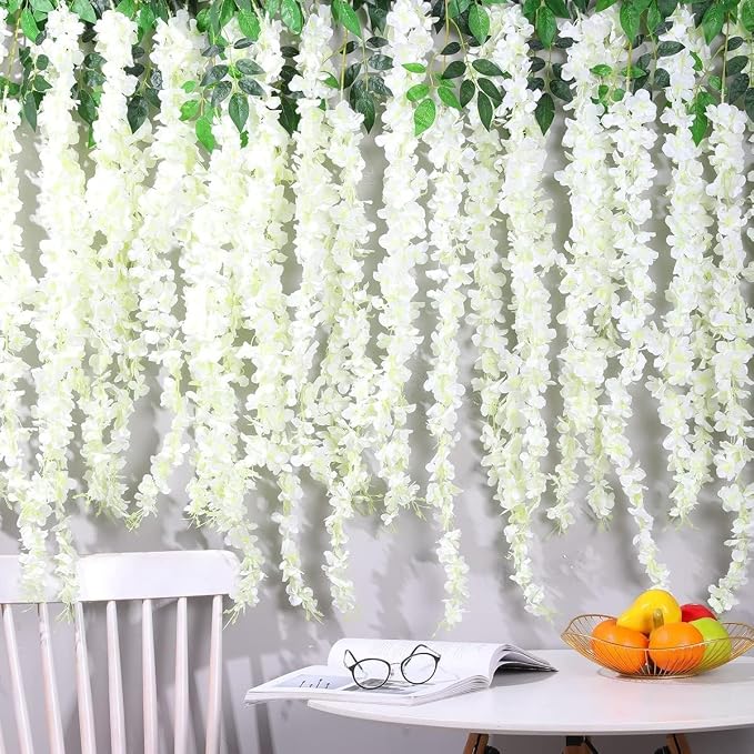 Artificial Wisteria Hanging Flowers, 24pack Fake Flowers White Wisteria Vine Ratta Garland Silk Flowers for Wedding Arch Party Garden Home Decor (24)