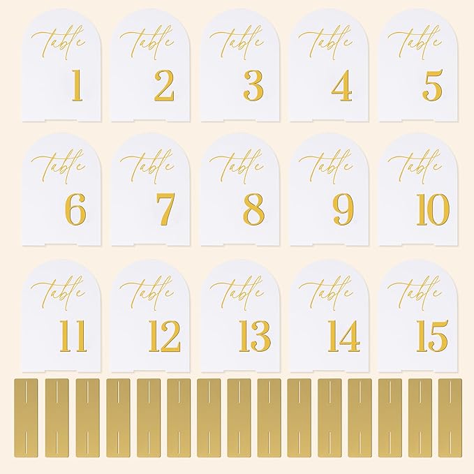 Wedding Table Numbers 1-15 with Holders,5x7 inch Arch Acrylic Table Numbers Signs with Gold Foil Embossed for Wedding Reception, Anniversary, Birthday,Party and Events Decor