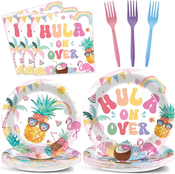 96Pcs Summer Birthday Party Supplies Pool Paper Plates Napkins and Forks Hawaii Party Decorations Hula on Over Dinnerware Favor for Men or Women Tableware Serves 24