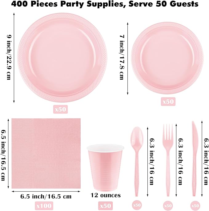 Aodaer 400 Pieces Pink Party Supplies Disposable Dinnerware Set Include Plastic Plates Cups Knives Forks Spoons Paper Napkins for Birthday Wedding Graduation Parties, Serve 50 Guests