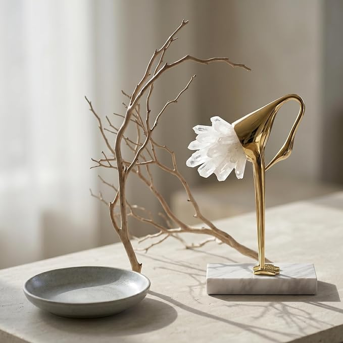suruim Elegant Gold Crane Bird Statues with Crystal Tail Accents, Decorative Brass Figurines for Home Decor (White C)