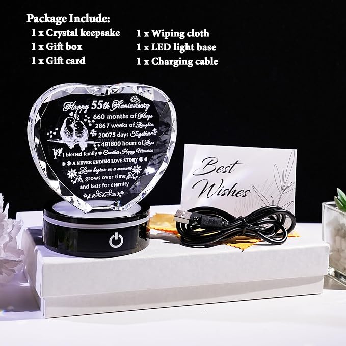 YWHL 55th Wedding Anniversary Crystal Heart Gifts for Couple Parents, Laser Engraved Romantic 55 Year Anniversary Crystal Keepsake Gifts for Wife Husband, 55 Years of Marriage Gifts for Her Him