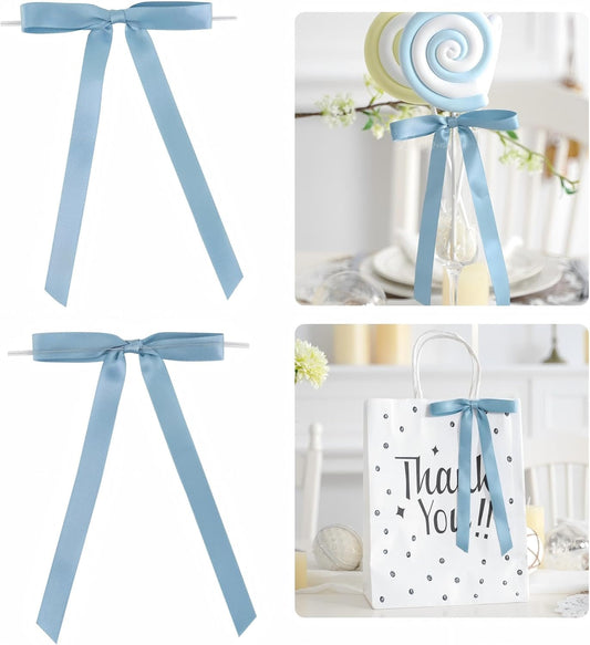 50 PCs Dusty Blue Bow 5 Inch Long Tail Bows for Gift Wrapping, Easter Bow Party Decorations, Twist Tie Bows, Satin Bows for Crafts, Premade Bows for Presents, Treat Bags, Bottles, Cakes