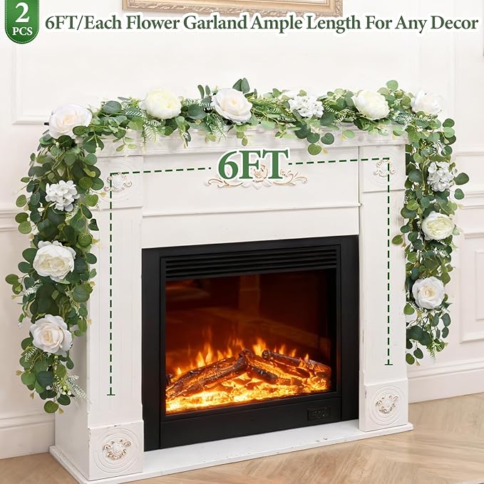 Livole 6 FT Artificial Flower Garland Real Touch Fake White Floral Rose Peony Garland with Eucalyptus Flower Hanging Vine for Wedding Table Centerpieces Backdrop Party Arch Home Decorations