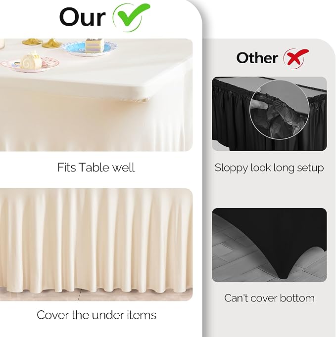 Wish Care 6 Pack Ivory Spandex Table Clothes for 6 Foot Rectangle Tables, 6FT Wrinkle Free Fitted Tablecloths Ruffles Design Table Cover for Party, Banquet, Wedding and Events