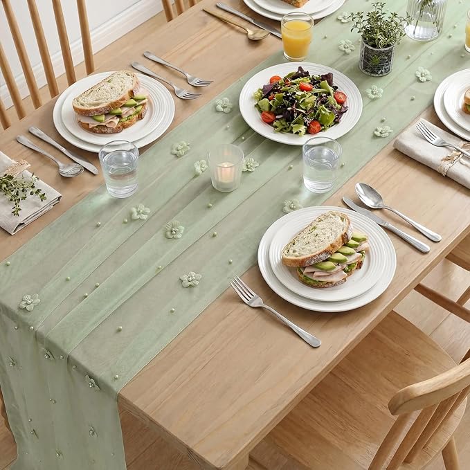 Artoid Mode Sage Green Flower Pearl Green Gauze Table Runner 10FT, Seasonal Sheer Dining Holiday Wedding Birthday Baby Shower Table Decor for Home Party