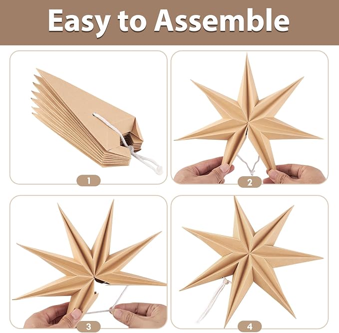SUNBEAUTY 3 Pcs 7-Pointed Natural Paper Star Lanterns 12 Inch Christmas Hanging Lamp Rustic Paper Decorations Shade Wedding Birthday Christmas Home Party Decorations