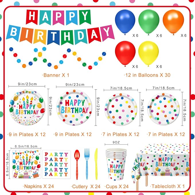 Happy Birthday Decorations - Colorful Dots Birthday Party Supplies Includes Plates, Napkins, Cups, Cutlery, Banner, Hanging Swirl, Tablecloth, Balloons for Birthday Decorations, Serves 24