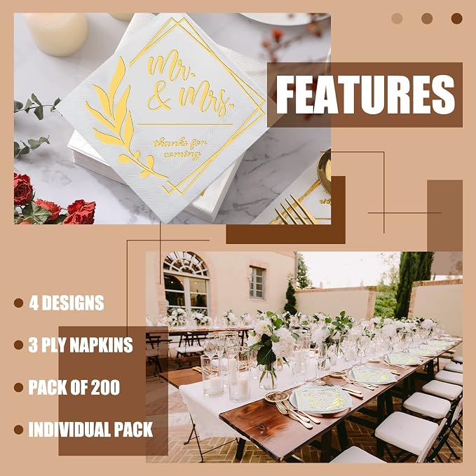 Tinlade 300 Pcs Mr and Mrs Wedding Napkins for Reception 3 Ply Gold Disposable Cocktail Dessert Napkins Beverage Decor for Engagement Table Decorations Bridal Shower Party Supplies,5 x 5 Inch