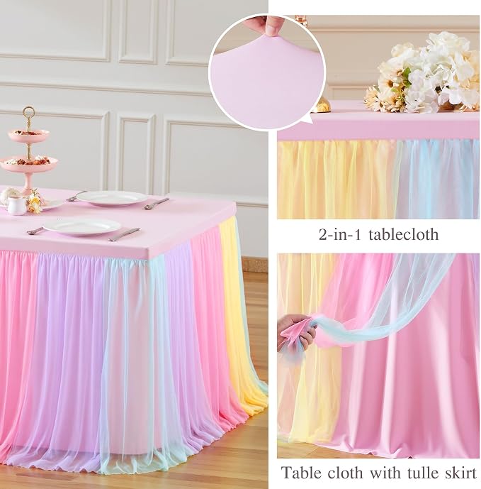 Rainbow Tablecloth Rectangle 6 Foot Elastic Fitted Tulle Ruffle Tablecloths Rectangular Stretch Spandex Table Covers 6ft Baby Shower Birthday Wedding Party Pastel Table Cloths with Skirt