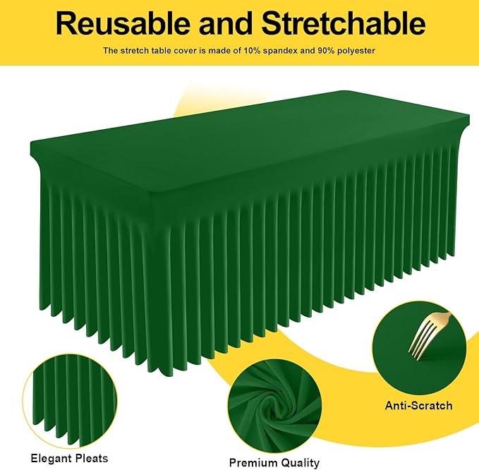 Smiry Spandex Tablecloth 2 Pack, Elastic Fitted Stretch Tablecloth for 8FT Rectangle Tables, Waterproof Washable Table Cover Skirt for Wedding, Banquet & Parties (Emerald Green, 96Lx30Wx30H Inch)
