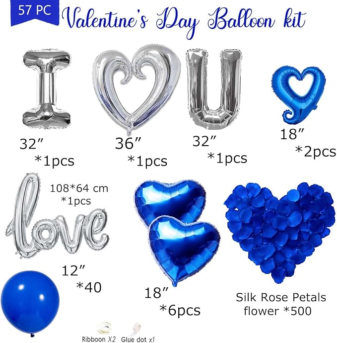 I Love You Balloons for Him/Her Balloons Royal Blue Sliver romantic balloon kit with blue heart mylar balloons blue rose petals for hotel Decorations Valentines Party wedding anniversary supplies