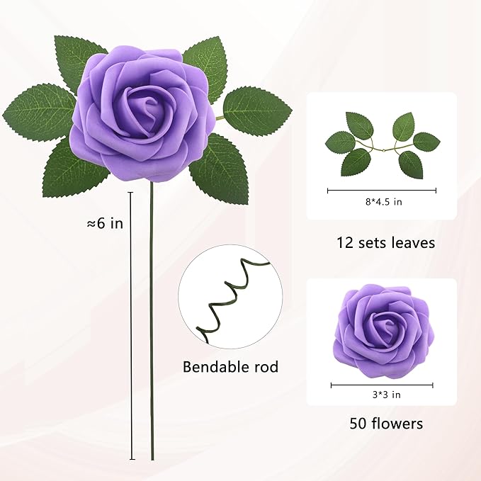 JOYLEX Artificial Flowers Realistic Roses, 50pcs Real Looking Fake Roses with Stem for DIY Wedding Bouquets Centerpieces Bridal Shower Party Home Romantic Decorations (50pcs, Purple)