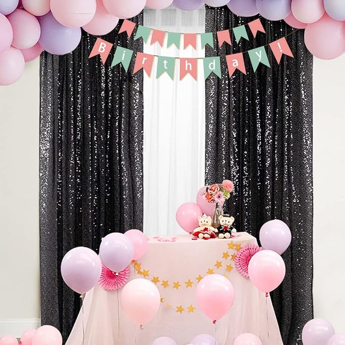 PartyDelight Black Sequin Backdrop Curtains 2x8ft 2 Panels | 3mm stitched sequin curtain with 4 inch rod pocket for 2x8ft 2 panel doorway window side drape narrow photo booth strip