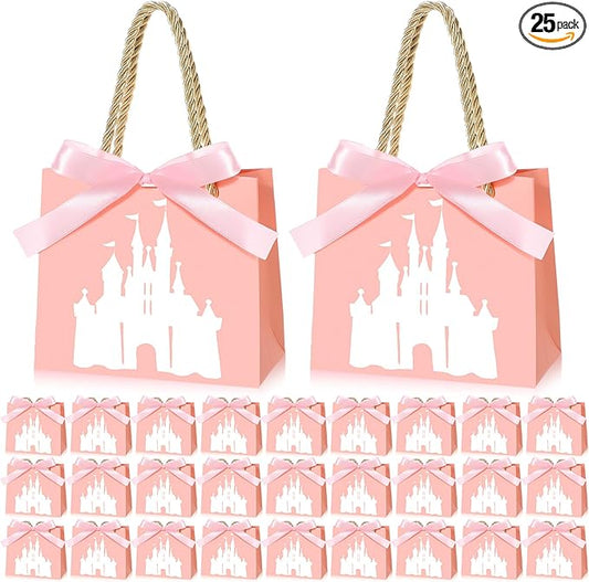 Sinload 25 Sets Small Princess Castle Party Favor Bags with Handles Ribbons 5.51 x 2.36 x 4.72 Inch Light Pink Princess Goodie Candy Gift Bags for Birthday Gender Reveal Baby Shower Party Supplies