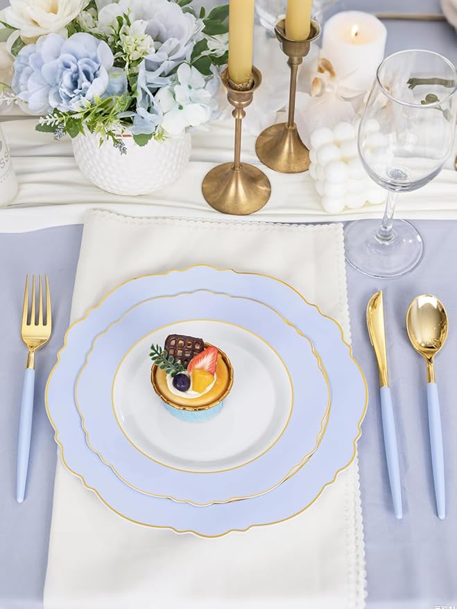 WDF 60pcs Blue Plates Disposable With Gold Rim - Baroque Baby Blue Plastic Party Plates for Wedding/Party/Baby Shower/Spring