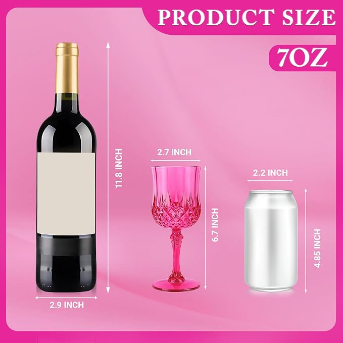 Plastic Wine Glasses, Plastic Goblets Vintage Style Cordial Unbreakable Drinking Glasses, Reusable Drinkware for Wedding Reception, Grand Event Party Supplies (24, Hot Pink)