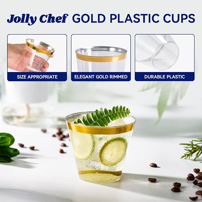 JOLLY CHEF 100 Pack Gold Plastic Cups, 9 oz Clear Plastic Tumblers, Elegant Gold Rimmed Cups, Disposable Glasses for Wedding, Thanksgiving Day, Christmas Party