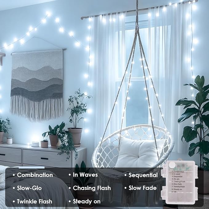 QITONG 2 Pack Battery Operated String Lights, Each 33ft 100 LED White Christmas Lights Outdoor Waterproof, 8 Modes Clear Wire Twinkle Fairy Lights Indoor with Remote