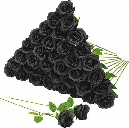36 Pcs Black Rose Bouquet Bridal Artificial Flowers | Fake Rose Long Stem Realistic Artificial Flowers Bulk for Wedding Bouquet Ball Arrangement Centerpiece Party Decor