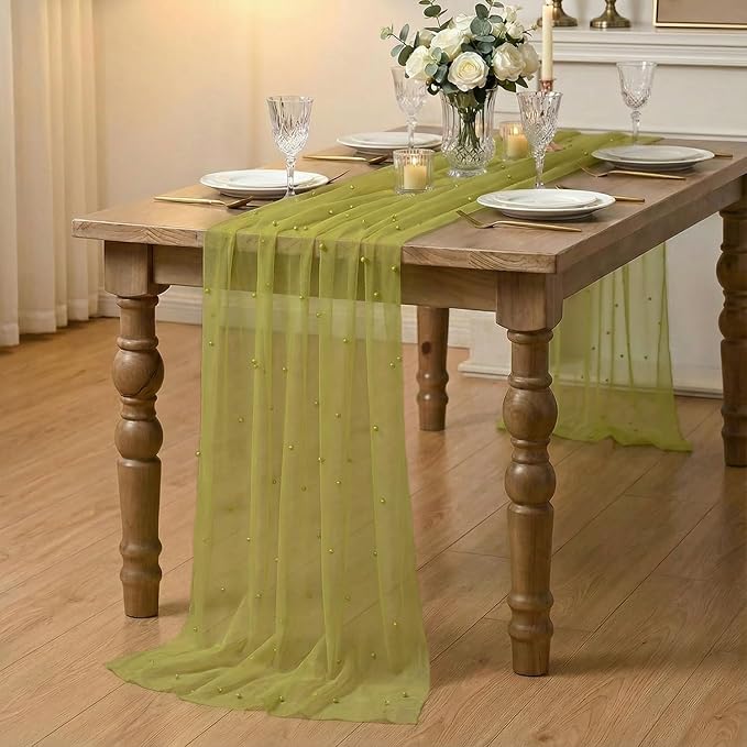 Artoid Mode Pearl Olive Green Gauze Table Runner 120 Inch 10FT, Seasonal Sheer Dining Holiday Wedding Birthday Baby Shower Table Decor for Home Party
