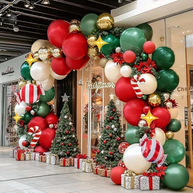 Christmas Red and Green Balloon Garland Arch Kit Pearl White Gold Foil Candy Cane Balloons With Gold 4-Point Star Balloons For Christmas Party Decorations