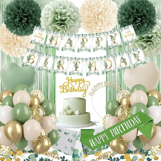 Birthday Decorations Set, Sage Green Party Decoration with Sage Green Balloons, Banner, Pom Poms, Fringe Curtain Background, Birthday Crown, Shoulder Strap for Girls Women Boho Party Supplies