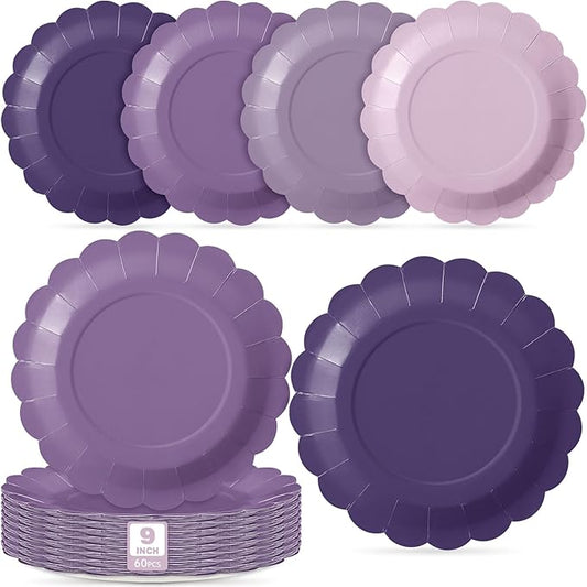 60 Pcs Purple Paper Plates 9 Inch Scalloped Disposable Round Dessert Paper Plates Party Decoration for Margs and Matrimony Bachelorette Party Women Birthday Baby Shower Wedding