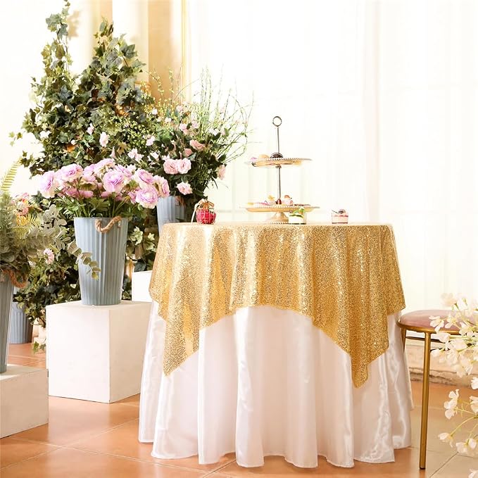 Eternal Beauty Gold Tablecloth, 50x50 Inch Sequin Square Table Cover for Valentines Cake Dessert Exhibition Party Birthday Events