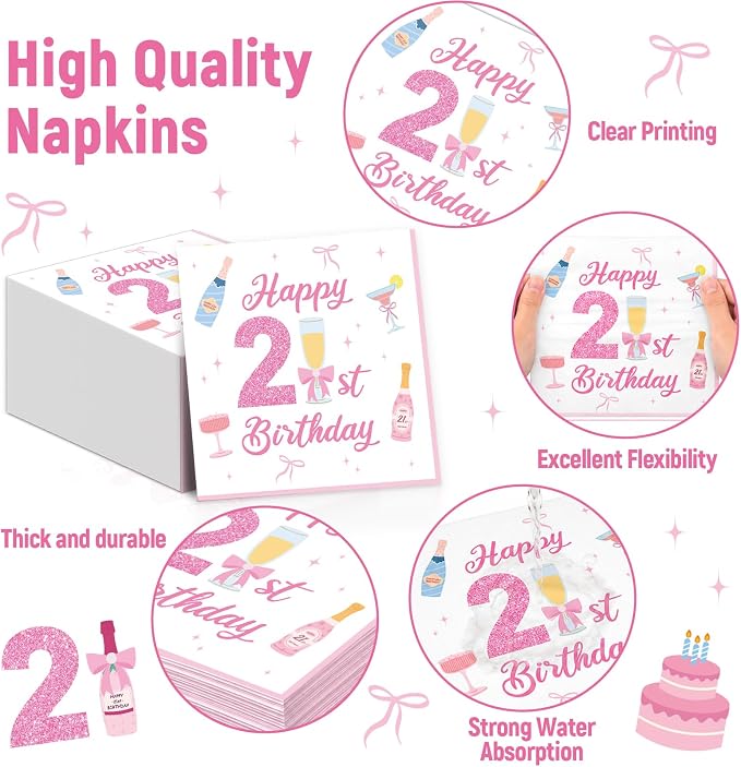 96PCS 21st Champagne Bottle Birthday Decorations Happy 21st Pink Champagne Tableware Set Cheers to 21 Years Paper Plates Napkins for Girls Martini Theme Twenty-One Party Supplies Serve 24 Guests