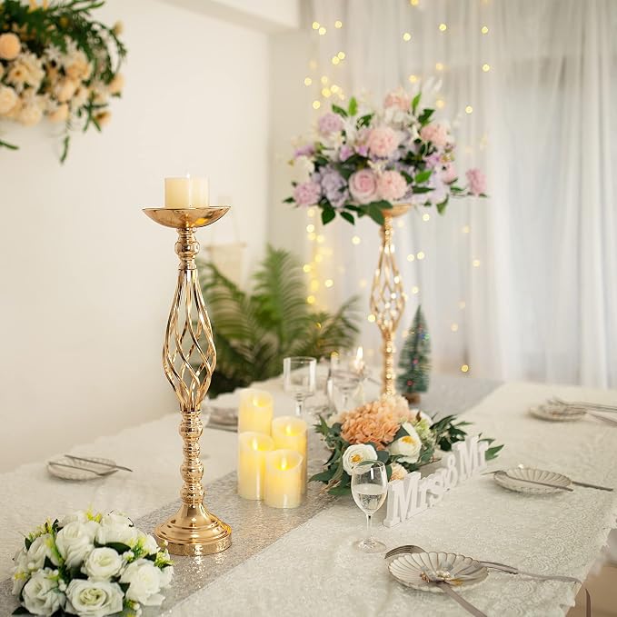 Gold Wedding Vases for Table Centerpieces - Set of 10 Twist Candleholder Stands, Elegant Floral Arrangement Vases, Metal Centerpieces for Reception Table Wedding Road-Leading Home Decor