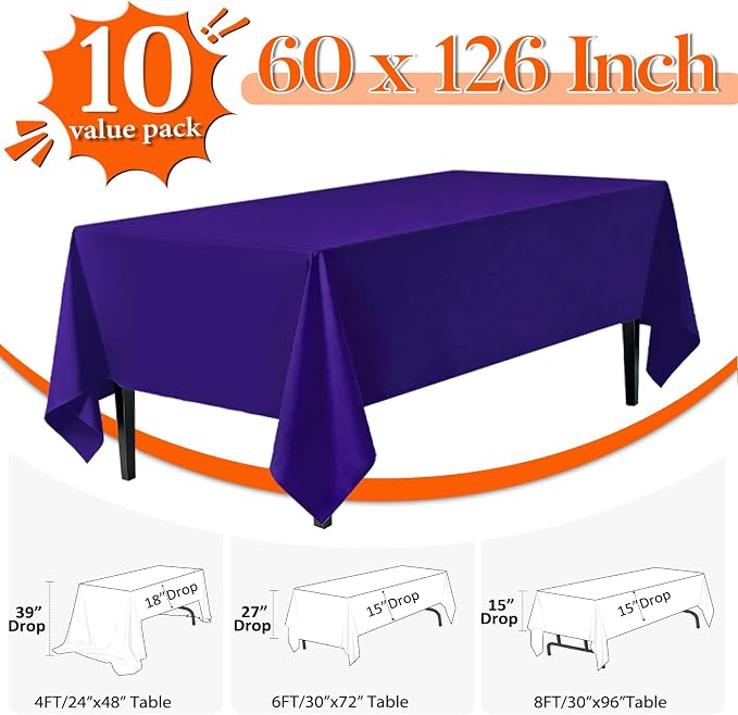 10 Pack Purple Tablecloth 60x126 Inch Purple Table Cloth for 8 Foot Rectangle Tables, Wrinkle Resistant Rectangular Tablecloth Washable Polyester Fabric Table Covers for Party Banquet Wedding Buffet