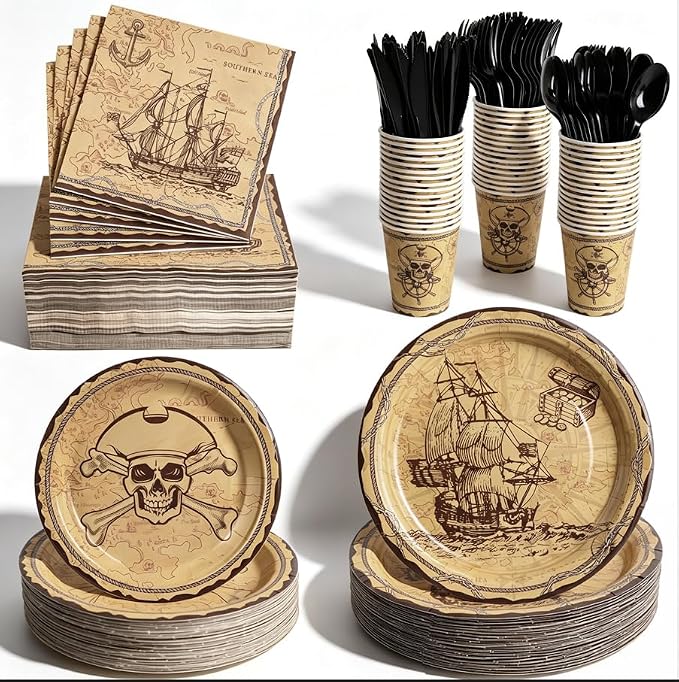 400 Pcs Disposable Pirate Tableware Set for 50 Guests | Heavy-Duty 7" & 9" Paper Plates, Cups, 13" Napkins & Plastic Cutlery for Tresure May Theme Party Supplies