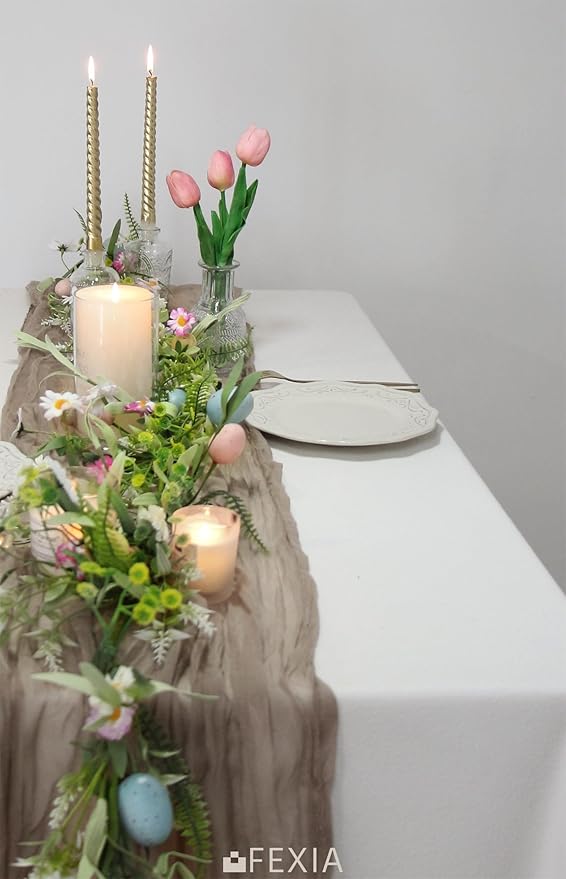 FEXIA Sand Cheesecloth Table Runner 35x120 Inches Spring Easter Nude Gauze Table Runner for Bridal Shower Wedding Party First Communion Centerpiece Engagement Boho Table Decoration