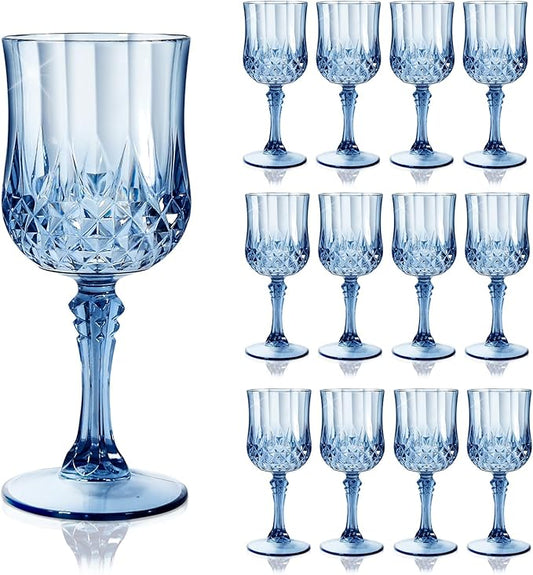 CHLJAR 7oz Plastic Vintage Drinking Glasses Wine Glasses Vintage Champagne Flutes Unbreakable Wedding Glassware Crystal Water Goblets Reusable Drinkware (Sky-Blue, 12 PCS)