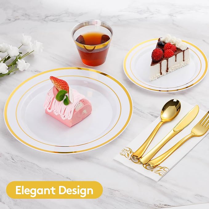 Goodluck 175 Pieces Gold Dinnerware Set for 25 Guests, Plastic Plates Disposable for Party, Include: 25 Dinner Plates, 25 Dessert Plates, 25 Paper Napkins, 25 Cups, 25 Gold Silverware Set