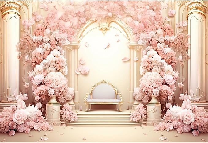 12x10ft Pink Floral Wall Backdrop Girls Rose Bridal Shower Palace Wedding Anniversary Flowers Baby Shower Party Decorations Photography Background Photo Shoot Props