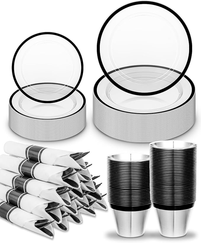 BESTVIP 175PCS Plastic Clear Black Plates for Party, Disposable Dinnerware Set for 25 Guests, 50 Plastic Plates, 25 Cups, 25 Pre-Rolled Napkins with Cutlery for Party, Christmas, Wedding
