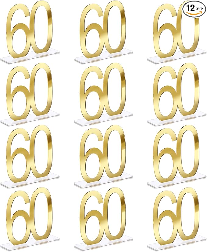 Threehoney 12 Pcs Mirror Gold 60th Birthday Decorations for Men and Women Acrylic Anniversary Decorations Table Numbers Centerpieces for Birthday Party