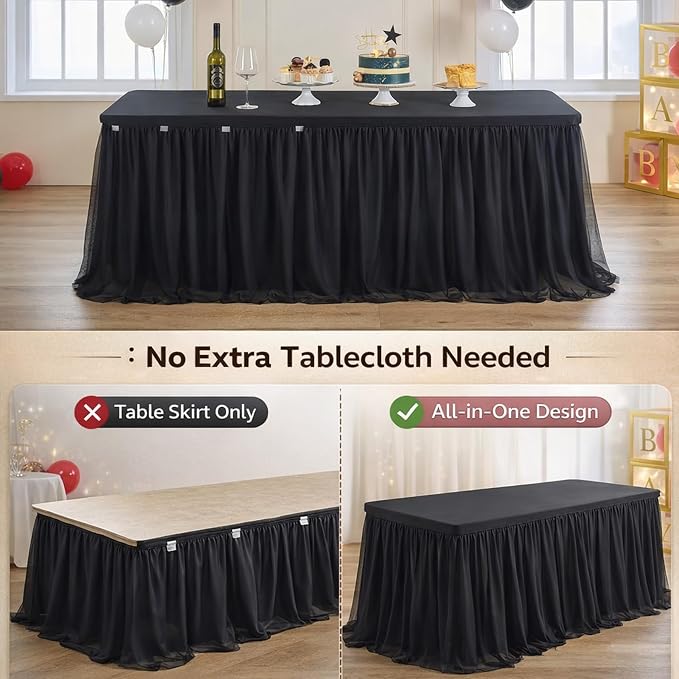 leegleri 4 pk Black Tulle Table Cloths for 8 Foot Rectangle Tables, 2-in-1 Black Table Covers with Tulle Skirt,Wrinkle Free Stretchy Ruffle Tulle Tablecloth Fitted for Wedding Party Banquet Vendor