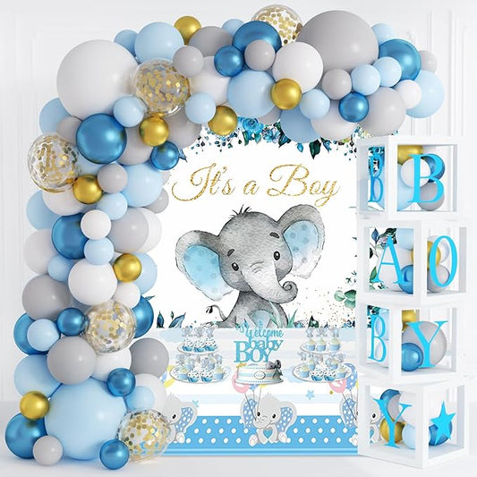JOGAMS Elephant Baby Shower Decorations for Boy 234Pcs with Baby Boxes Letter Backdrop Tablecloth Cupcake Cake Topper Gold Star 4D Foil Confetti Balloons for Elephant Theme Baby Shower Birthday Party