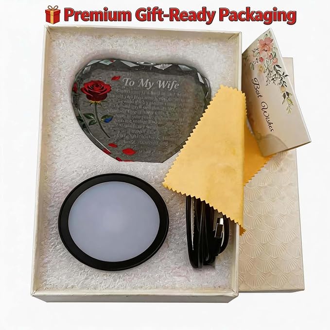 Anniversary and Birthday Gifts for Women Wife, Heart Shaped Crystal Keepsake with Rose and Love Letter Engraving, Color Changing LED Base,Romantic Christmas Valentine's Day Gifts for Wife from Husband (Red Rose - Multicolor LED)