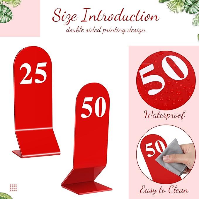 Remerry 50 Pcs Table Numbers 1-50 Acrylic Double Sided Number Cards for Restaurant Acrylic Tent Table Holders Tent Cards Wedding 2.36 x 6.3 Inch(Red)