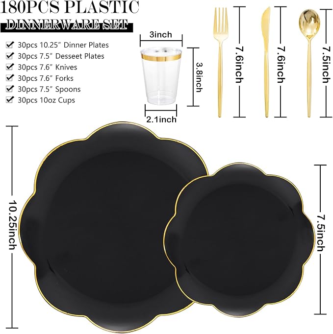 EI 180pcs Black Plastic Plates with Gold Plastic Silverware,Black and Gold Plates Disposable,Heavy Duty Plate for Party,Wedding,Anniversary,Spring Afternoon Tea Business Event,Graduation Decorations