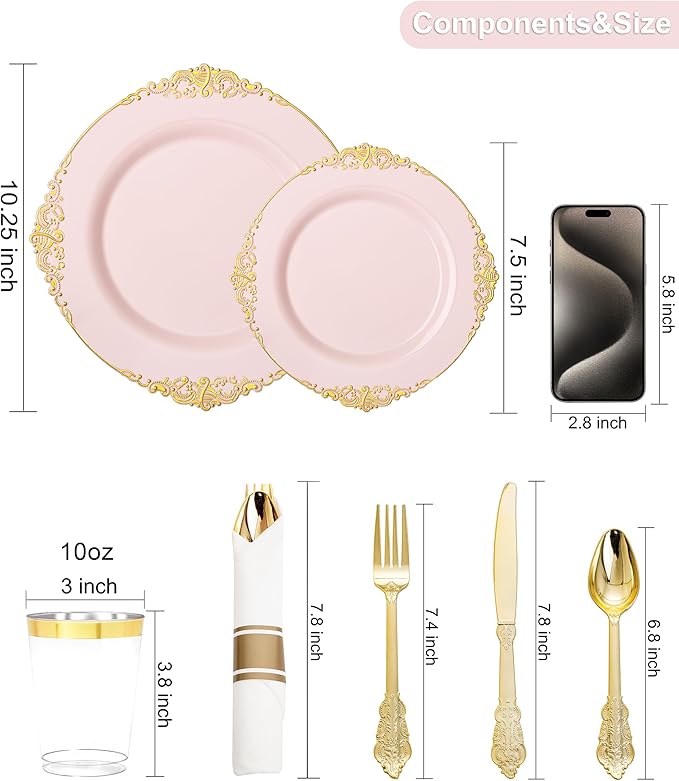 Nervure 700PCS Pink Gold Plastic Plates - Pink Plastic Dinnerware Sets for 100 Guests - 200 Disposable Plates, 300 Silverware, 100 Cups, 100 Napkins for Wedding, Party & Mothers Day