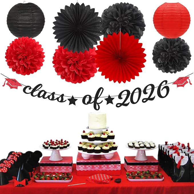 Black-Red 2026 Class-Congratulations Graduation Party-Decorations - 22pcs High School College Grad Prom Supplies Decor, Tissue Pom Poms Streamers, Paper Flowers Lanterns Hugmoon