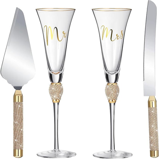 Boao 4 Piece Mr and Mrs Champagne Flutes and Cake Knife Server Set Crystal Wedding Toasting Flutes Rhinestone Cake Cutting Set for Bride and Groom Wedding Engagement Bridal Shower Gifts(Gold)