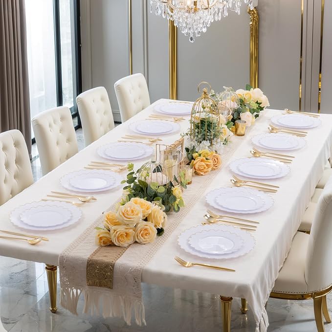 LIYH 120 Pcs White Plastic Scalloped Plates - Gold Fancy Disposable Plastic Plates Includes 60 Dinner 10.25" & 60 Dessert Plate 7.5" Elegant Gold Rim for Party Birthday Day
